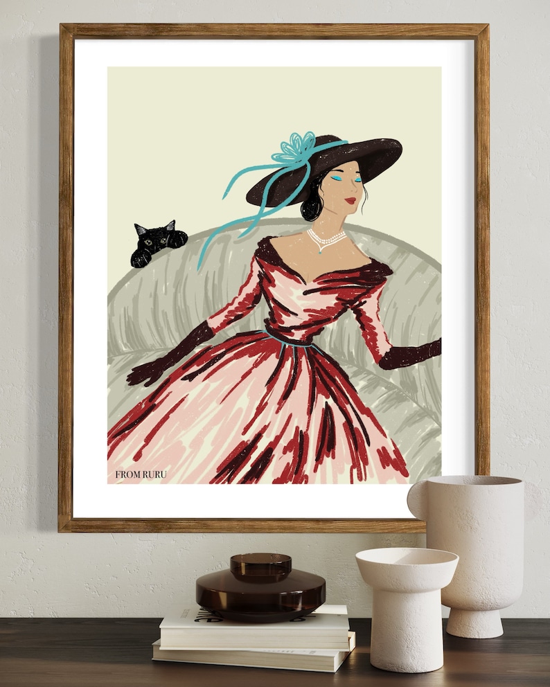 May include: A woman in a red and pink dress with a black hat and a blue flower sits on a couch with a black cat. The text "FROM RURU" is at the bottom of the image.