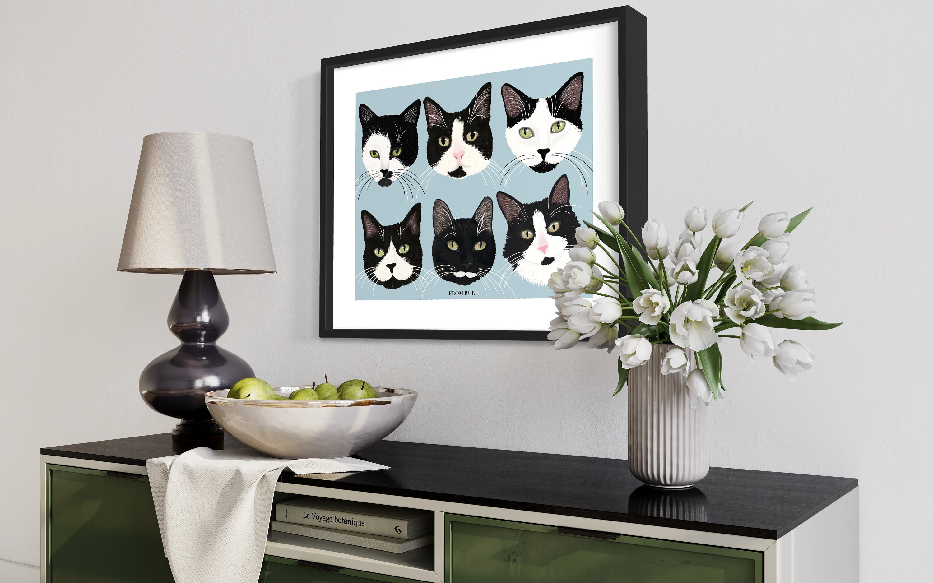Tuxedo Cat Art, Tuxedo Cat Lover Gift, White and Black Cat, Cat Print ...