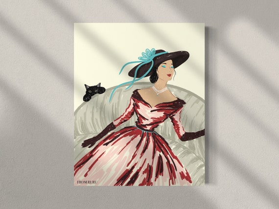 Art Deco Woman, Vintage art print, 1920s fashion woman, art nouveau, girl and cat, black cat, vintage lover gift, gifts under 10