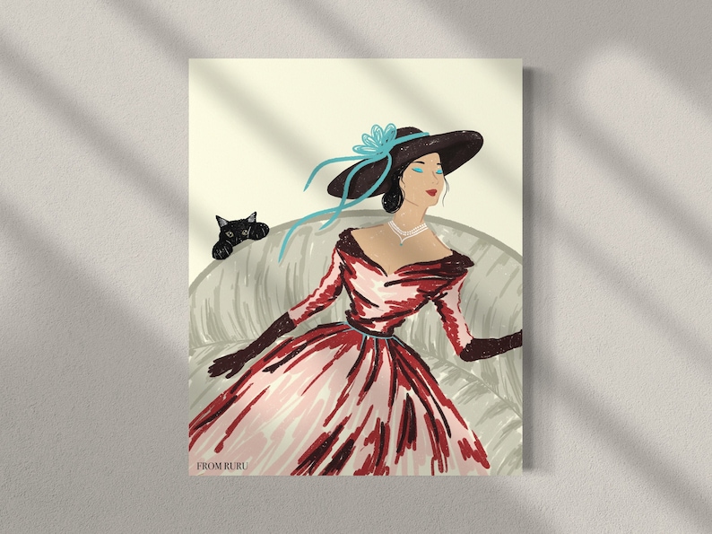 May include: A woman in a red and pink dress with a black hat and blue ribbon sits on a couch with a black cat. The text "FROM RURU" is at the bottom of the image.