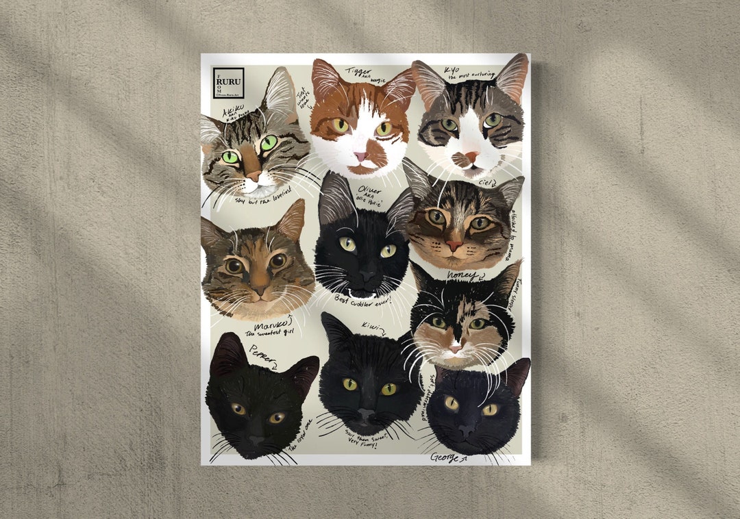 Cat Poster, Cat Family Art Print, Black Cat, Tabby Cat, Tuxedo Cat ...