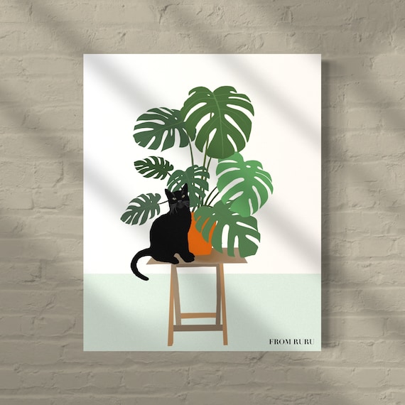Cat with monstera plant | black cat with house plants | botanical art print | plant lady gift | cat mom gift | Christmas gift