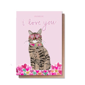 Kattenvalentijnskaart, Valentijnsdagkaart, ik hou van je-kaart, gestreepte katkunst, jubileumkaart, kaart voor kattenliefhebbers, grappige valentijnkattenkaart