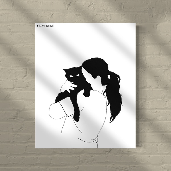 Minimalist black cat art print | cat mom art | modern black cat art | woman holding cat | cat lovers gift | digital art