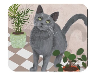 Russian blue cat mousepad, gray cat mousepad, cat plant mousepad, cat lovers gift, cat Christmas gift, office decor, cat decor