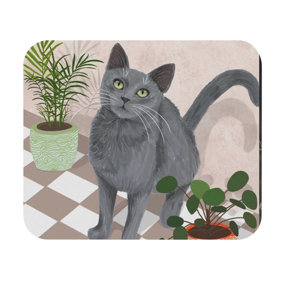 Russian blue cat mousepad, gray cat mousepad, cat plant mousepad, cat lovers gift, cat Christmas gift, office decor, cat decor