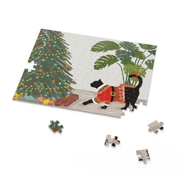 Christmas puzzle, black cat art, 8x10 puzzle, 110 piece puzzle, original cat art, gift for cat lovers, cat mom gift, Christmas gift
