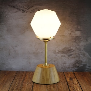 Small Table Lamp / Accent Lamp / Vintage Ribbed Glass Shade with Handmade Brass and Bamboo Base