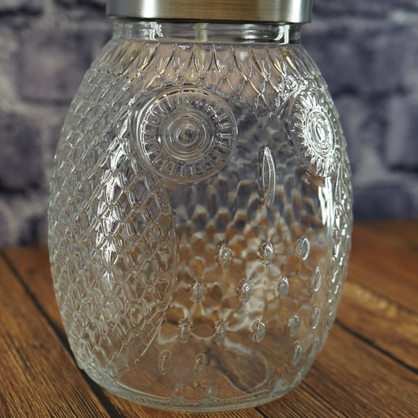 Small Table Lamp / Fillable Glass Jar Owl Lamp / Unique Handmade Upcycled Lamp
