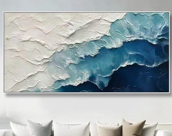 Textured Ocean Wave Wall Art Seascape Oil Painting On Canvas Large Abstract Coastal Wall Art Panoramic White Sand And Blue Sea Wall Decor