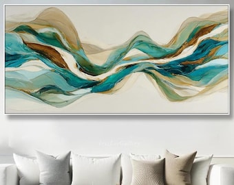 Teal Gold Oil Painting On Canvas Textured Wall Art Large Horizontal Turquoise Wave Impasto Painting Modern Mountain Decor