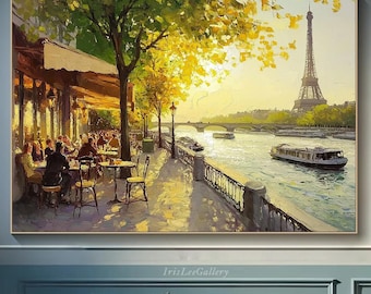 Parisian Cafe Oil Painting on Canvas Eiffel Tower Scenic Textured Wall Art Impressionist Seine River Canvas Romantic Paris Street Scene Art