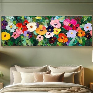 Horizontal 3D Textured Flower Wall Art Large Long Wide Floral Painting On Canvas Panoramic Wildflower Field Wall Art Living Room Wall Art