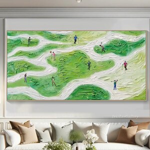 May include: Abstract painting of a golf course with green and white colors. The painting features multiple figures playing golf on the course.