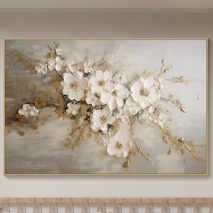 Original Flower Painting on Canvas Textured Wall Art Neutral Tone Custom Wall Art Floral Painting Modern Art Fancy Living Room Wall Art
