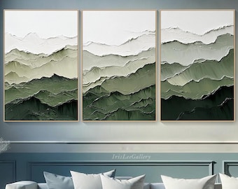 Large Abstract Green Mountain Textured Wall Art Triptych Oil Painting On Canvas Minimalist Boho Landscape Triptych Painting Office Decor