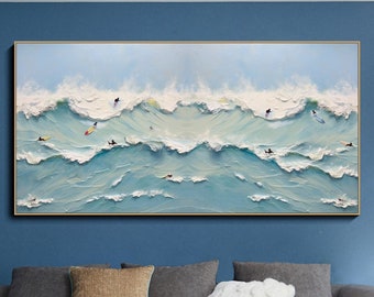 Rahmen Glückliche Küste Gemälde Benutzerdefinierte Schwimmen Surfen Gemälde Textur Wandkunst Personalisierte Geschenk Sommer Costal Massen am Ufer Gemälde