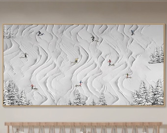 Sport de ski original peinture sur toile peinture personnalisée texture art mural cadeau personnalisé skieur sur montagne enneigée art neige blanche ski