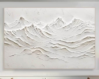 Original 3D White Mountain Painting on Canvas Framed Plaster Style Textured Wall Art Ivory Wabi-Sabi Living Room Decor Boho Modern Canvas