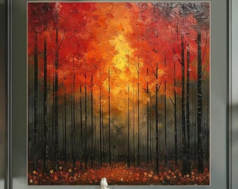 Vibrant Red and Black Trees Painting on Canvas Autumn Forest Fire Large Canvas Art - Modern Abstract Nature Wall Decor for Living Room