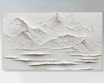 Original 3D White Mountain Painting on Canvas Framed Plaster Style Textured Wall Art Ivory Wabi-Sabi Living Room Decor Boho Modern Canvas