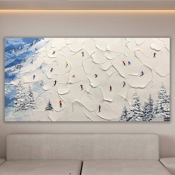 Original Ski Sport Painting on Canvas Winter Decor Texture Wall Art Personalized Gift Skier on Snowy Mountain Art White Snow Skiing Art