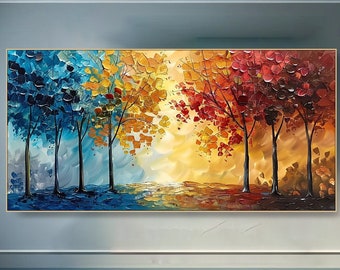 Colorful Tree Painting on Canvas Impasto Forest Wall Decor Nature Inspired Textured Wall Art Vivid Autumn Leaves Canvas Modern Nature Decor