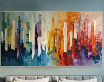 Abstract Colorful Cityscape Painting on Canvas Large 3D Textured Skyline Wall Art Contemporary City Painting Vibrant Living Room Wall Art