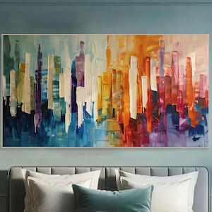 Abstrakte bunte Stadtbild auf Leinwand große 3D strukturierte Skyline Wandkunst zeitgenössische Stadt Malerei lebendige Wohnzimmer Wandkunst