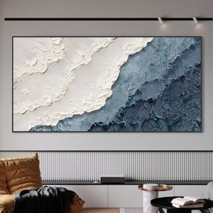 3D Minimalist Blue Ocean Painting on Canvas Earth Tone Waves Art Texture Wall Art Wabi-Sabi Wall Art Living Room Painting Fashion Room Decor