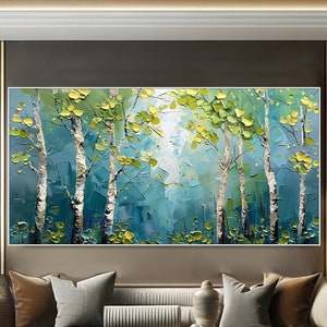 May include: A painting of a forest scene with tall trees and green leaves. The trees are painted in a textured style, with visible brushstrokes. The background is a soft blue color, creating a sense of depth and tranquility.