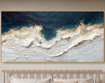 3D Dark Teal Gold Minimalist Beach Painting Textured Wall Art Ocean Wave Painting on Canvas Wabi-Sabi Wall Art Trendy Living Room Painting