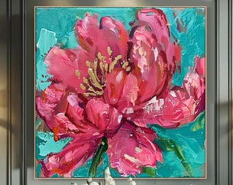 Luxurious Magenta Peony Canvas Bold Textured Floral Painting Romantic Blossom Decor Hand-Painted Vibrant Flower Art Impasto Living Room Art
