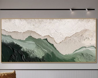 3D Green Minimalist Beach Painting Textured Wall Art Ocean Wave Painting on Canvas Wabi-Sabi Wall Art Living Room Painting Fashion Decor