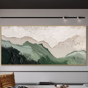 3D Green Minimalist Beach Painting Textured Wall Art Ocean Wave Painting on Canvas Wabi-Sabi Wall Art Living Room Painting Fashion Decor