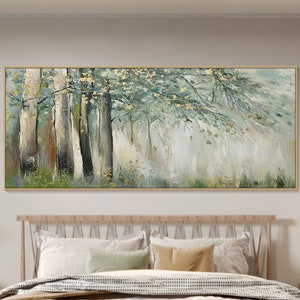 Original Green Gold Forest Painting On Canvas 3D Abstract Textured Wall Art Skyward View Trees Art Living Room Art Natural Scenery Painting image 1
