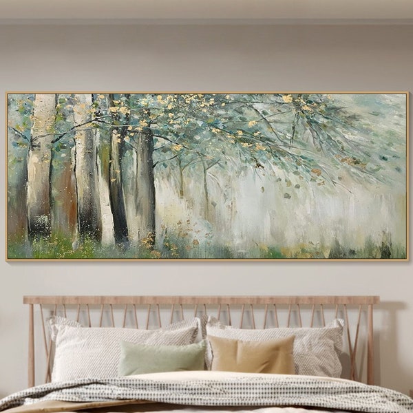 Peinture originale de forêt d'or vert sur la toile 3D abstrait texturé Art mural vue vers le ciel arbres Art salon Art paysage naturel peinture