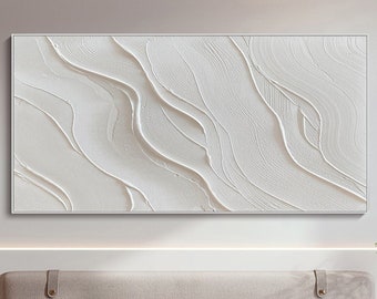 3D Textured Wall Art White Minimalist Beach Painting Ocean Wave Painting on Canvas Wabi-Sabi Wall Art Living Room Painting Large Relief Art