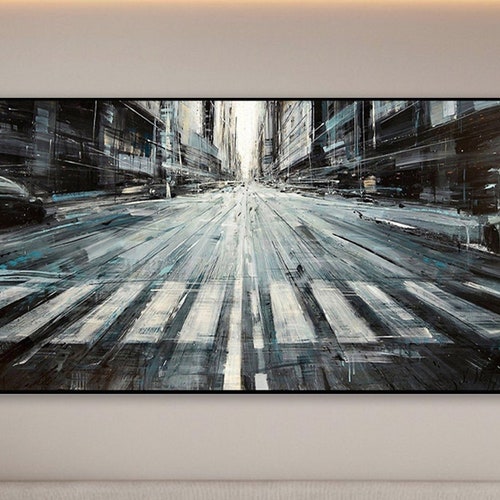 Black White City Skyline Painting On shops Canvas Centrual Crosswalk Wall Art Living Room Wall Decor Fashion Wall Decor Custom Canvas Wall Art