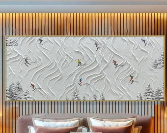 Original Ski Sport Painting on Canvas Custom Painting Texture Wall Art Personalized Gift Skier on Snowy Mountain Art White Snow Skiing Art