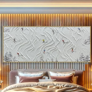 Original Ski Sport Painting on Canvas Custom Painting Texture Wall Art Personalized Gift Skier on Snowy Mountain Art White Snow Skiing Art
