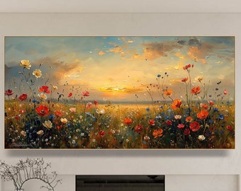 May include: A painting of a field of wildflowers in bloom at sunset. The flowers are mostly red, white, and blue, and the sky is a soft orange and pink.