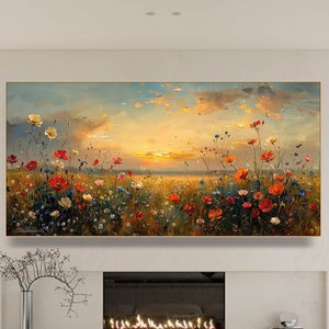 Sunset Meadow Painting on Canvas Vibrant Wildflower Canvas  Living Room Textured Field Wall Art Rustic Floral Art Serene Landscape Artwork