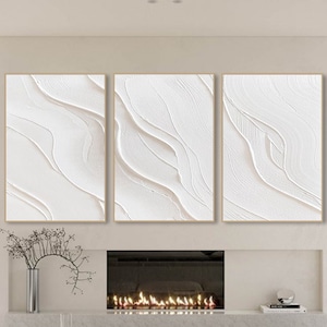 Original 3D Ocean Wave Painting on Canvas Minimalist Textured Wall Art Triptych Ivory White Wabi-Sabi Wall Art Living Room Panel Home Deocr