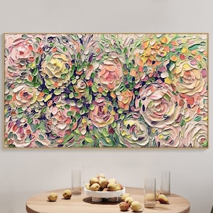 Abstract Blooming Flower Oil Painting On Canvas Gift For Her Living Room Wall Art Textured Wall Art Mother's Day Gift Plants Wall Art