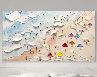 Happy Coast Painting on Canvas Custom Texture Wall Art Swimming Painting Modern Beach House Decor Summer Costal Art Crowds on the Shore Art