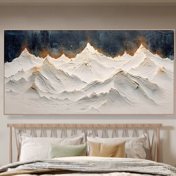 Original 3D White Mountain Painting on Canvas Framed Plaster Style Textured Wall Art Ivory Wabi-Sabi Living Room Decor Boho Modern Canvas