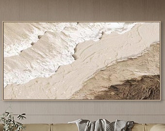 Pintura de playa minimalista beige 3D, arte de pared texturizado, pintura de olas oceánicas sobre lienzo, arte de pared Wabi-Sabi, pintura para sala de estar, decoración de moda