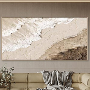 3D Beige Minimalist Beach Painting Textured Wall Art Ocean Wave Painting on Canvas Wabi-Sabi Wall Art Living Room Painting Fashion Decor