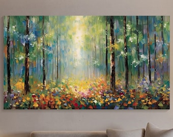 Grande dipinto originale foresta colorata su tela Pittura di paesaggi naturali da sogno Soggiorno Arte della parete Boho Tela moderna Trendy Home Deocr